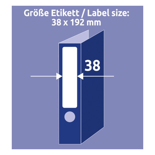 Obrázek zobrazuje diagram štítku o rozměrech 38 x 192 mm, což označuje velikost štítku k použití na pořadači nebo podobném předmětu.
