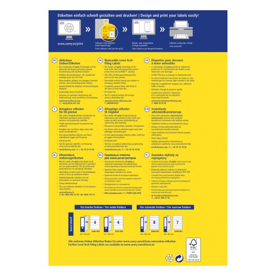Obrázek ukazuje různé štítky pro pořadače, včetně odnímatelných štítků na pákový pořadač. Obsahuje vícejazyčné pokyny pro návrh a tisk, specifikace velikosti a odkazy na další informace.
