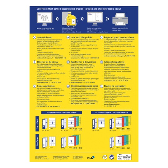 Obrázek zobrazuje řešení označování nabízená společností Avery, podrobně popisující různé typy archivních štítků, jejich vlastnosti a pokyny k tisku v několika jazycích.