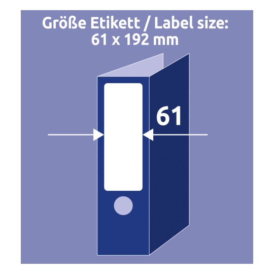 Ilustrace ukazující velikost štítku 61 x 192 mm pro pořadač nebo složku, s uvedenými rozměry.