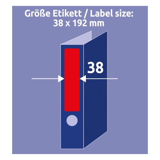 Obrázek ukazuje specifikaci velikosti štítku 38 x 192 mm, ilustrovanou na pořadači. Na hřbetu je umístěn červený štítek s uvedenými rozměry, který zdůrazňuje šířku 38 mm.