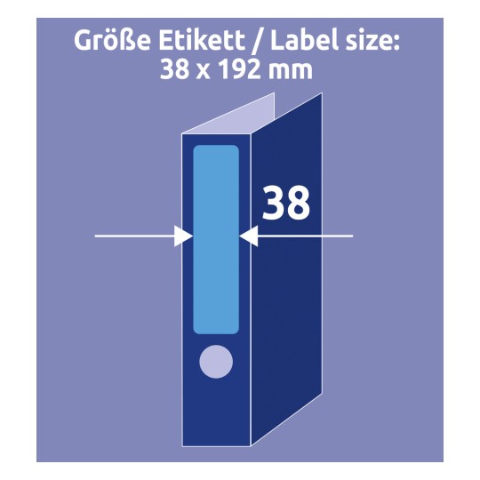 Obrázek zobrazuje štítek o velikosti 38 x 192 mm, ilustrovaný grafikou pořadače. Rozměry jsou zvýrazněny čistým, jasným designem s modrým pozadím.