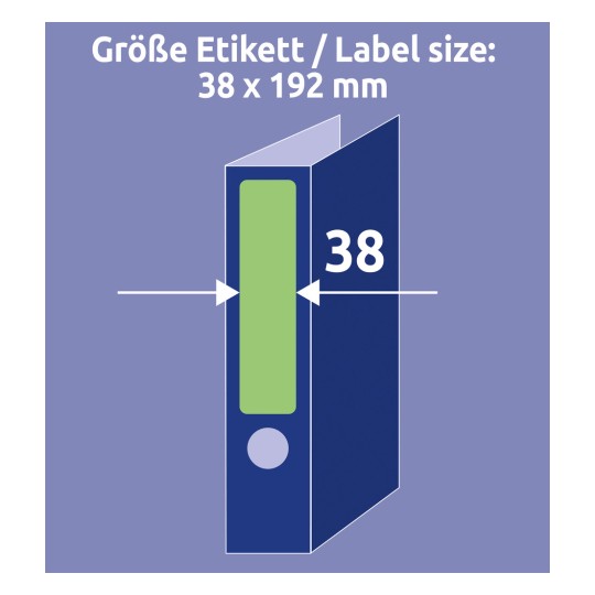 Velikostní srovnání s rukou, článek: L4764-20, arch štítků na pořadače, formát: 38 x 192 mm, barva: zelená?