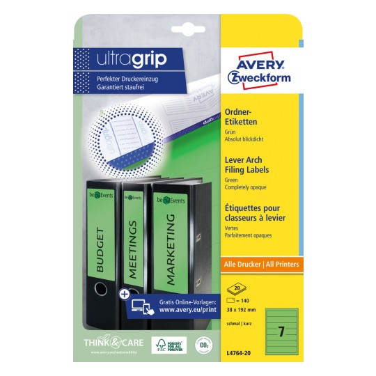 Obrázek balení: Etikety Avery Zweckform na pořadače, Článek: L4764-20, Formát: 38 x 192 mm, Vhodné pro tiskárny: Inkoustové, Laserové černobílé, Barevné laserové, Obsah: 140 etiket / 20 archů, 7 etiket/arch?