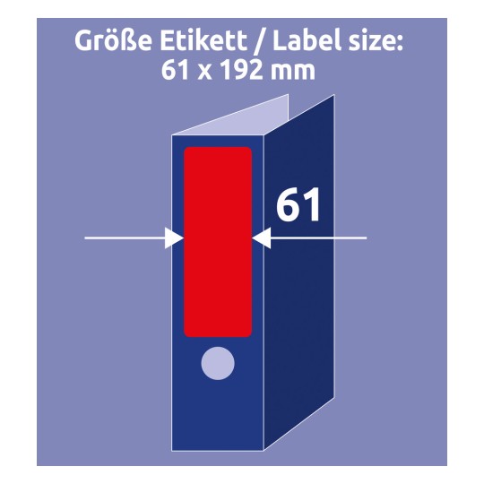 Obrázek zobrazuje diagram velikosti štítku s rozměry 61 x 192 mm a červený štítek na souboru nebo složce.