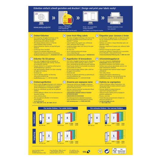 Informační leták o produktech Avery pro navrhování a tisk štítků. Obsahuje vícejazyčné instrukce a kódy produktů pro různé velikosti štítků k organizaci složek.