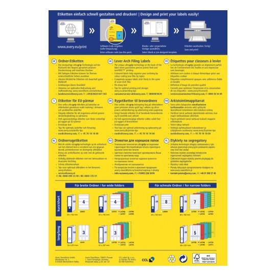 Obrázek je propagační leták pro Averyho štítky na pořadače, podrobně popisující vlastnosti, tipy a kontaktní informace v několika jazycích. Obsahuje vizuály návrhů štítků pro různé velikosti složek a zdůrazňuje snadný design a tisk.