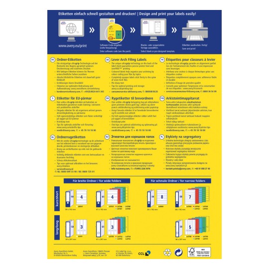 Obrázek je informační grafika o navrhování a tisku štítků, obsahuje pokyny v několika jazycích, včetně podrobností o typech štítků pro různé velikosti složek a tipy pro optimální použití.