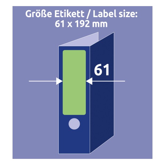 Obrázek zobrazuje návrh etikety s rozměry 61 x 192 mm, se zelenou oblastí etikety označenou vedle ilustrace modrého pořadače.