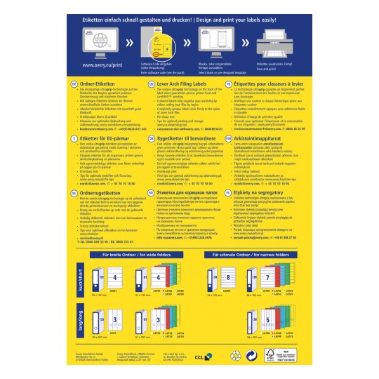 Obrázek je informační grafika o navrhování a tisku štítků pro pákové pořadače. Obsahuje různé sekce v několika jazycích, které podrobně popisují proces tisku, tipy a dostupné formáty štítků, spolu s kontaktními údaji pro zákaznickou podporu.