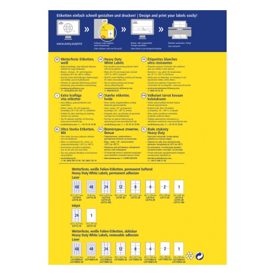 Obrázek je průvodce návrhem štítků, který představuje různé typy štítků, jejich specifikace a pokyny pro tisk v několika jazycích, se zaměřením na voděodolné a vysoce odolné možnosti.