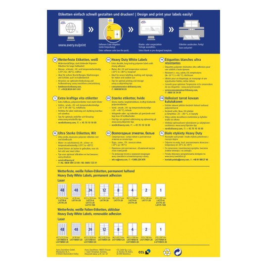 Obrázek obsahuje informace o produktech značky Avery, včetně podrobností o bílých voděodolných a odolných etiketách. Uvádí vlastnosti lepidla, odolnost vůči teplotám a možnosti designu v několika jazycích. Jsou zde také uvedeny specifické kódy produktů a rozměry.