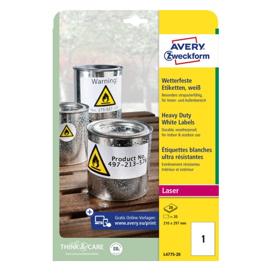 Obrázek balení: Avery Zweckform Odolné fóliové etikety pro laserové tiskárny, článek: L4775-20, formát: 210 x 297 mm, vhodnost pro tisk: laser černobíle, barevný laser, obsah: 20 etiket / 20 listů, 1 etiketa/list?