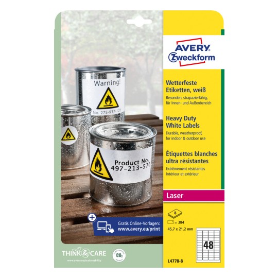 Obalový obrázek: Avery Zweckform voděodolné fóliové etikety pro laserové tiskárny, článek: L4778-8, formát: 45,7 x 21,2 mm, vhodnost pro tiskárny: Laser černobíle, barevný laser, obsah: 384 etiket / 8 listů, 48 etiket/list?