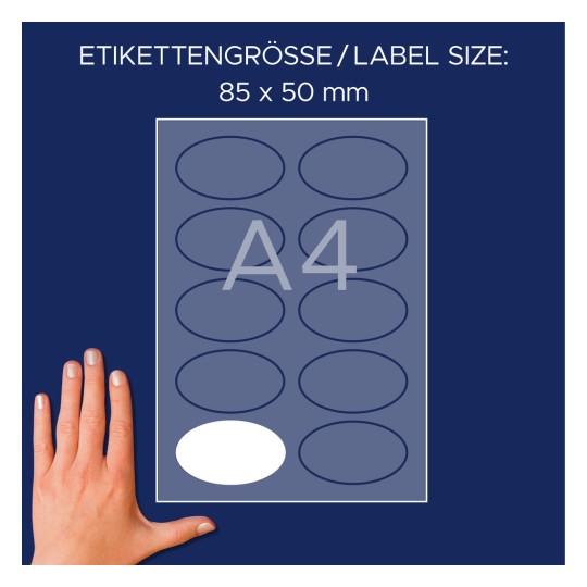 Obrázek zobrazuje arch etiket označený rukou pro referenci velikosti. Ukazuje velikost etikety 85 x 50 mm a uvádí formát papíru A4.
