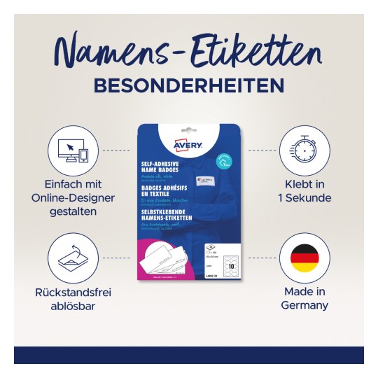 Obrázek ukazuje balení produktu samolepicích jmenovek od Avery. Zdůrazňuje vlastnosti jako snadný design pomocí online nástroje, rychlé přilepení za jednu sekundu a to, že štítky jsou snímatelné a vyrobené v Německu.
