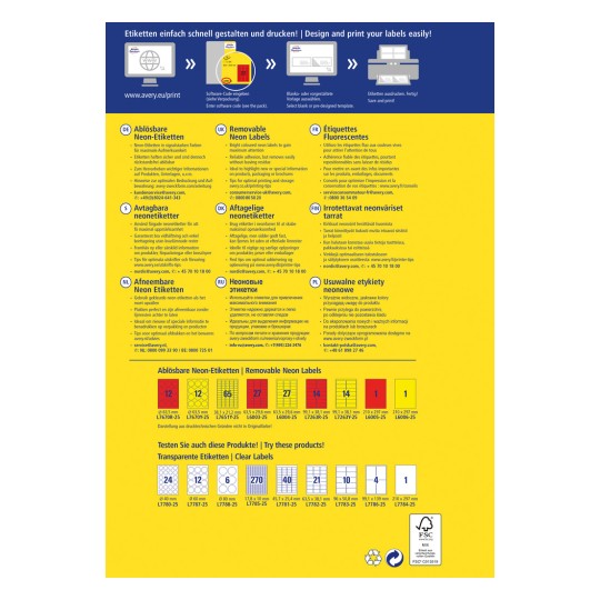 Obraz je průvodce barevným tiskem etiket, obsahujícími snímatelné neonové etikety v různých velikostech. Zahrnuje pokyny v několika jazycích, jako je němčina, angličtina, francouzština a další, spolu s kódy produktů a specifikacemi.