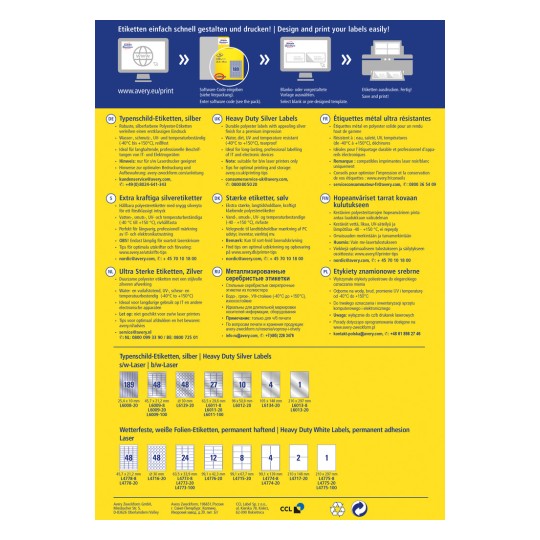 Obrázek je informační grafika o výrobcích Avery s pevnými stříbrnými a bílými štítky, popisující velikosti, použití a pokyny k tisku v několika jazycích.