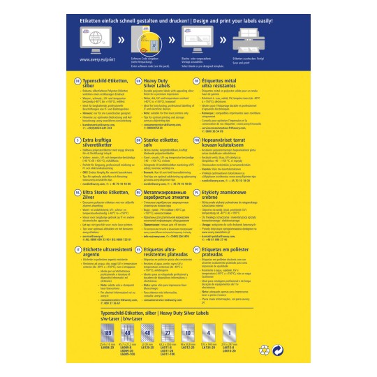 Obrázek zobrazuje různé typy odolných stříbrných štítků dostupných od společnosti Avery, které obsahují specifikace a pokyny pro použití v různých jazycích.