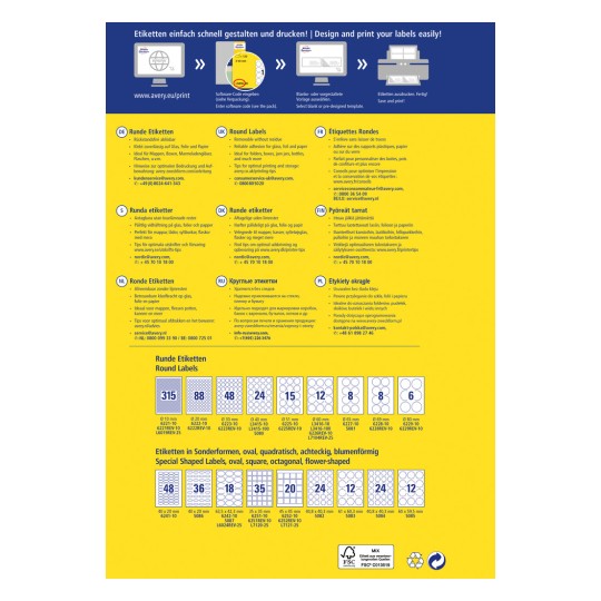 Obrázek zobrazuje informace o navrhování a tisku etiket, včetně různých typů kulatých etiket a rozměrů, s pokyny ve více jazycích.