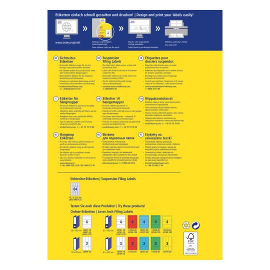 Obrázek obsahuje instrukce pro navrhování a tisk etiket pro závěsné složky. Obsahuje různé jazyky a popisuje kroky a tipy pro optimální použití spolu s obrázky typů etiket a jejich rozměrů.