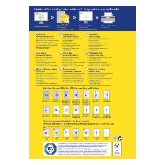 Obrázek je informační list pro univerzální odnímatelné štítky Avery. Zahrnuje informace o produktu, specifikace a pokyny v několika jazycích. Představuje různé typy štítků, velikosti a výhody používání odnímatelných štítků pro tisk.