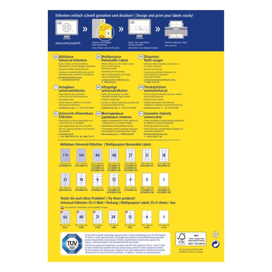 Obrázek je průvodcem návrhu a tisku etiket od Avery, který představuje různé typy odnímatelných etiket, jejich velikosti a mezinárodní popisy v různých jazycích. Obsahuje specifikace, kontaktní informace a tipy pro optimální tisk a použití.