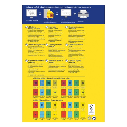 Obrázek zobrazuje barevnou infografiku týkající se štítků Avery, která ilustruje různé typy odstranitelných barevných štítků a jejich specifikace, včetně velikosti a kódů položek v několika jazycích.