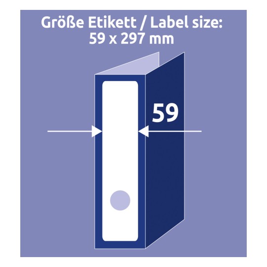 Obrázek zobrazuje štítek o rozměrech 59 x 297 mm, znázorněný spolu s grafikou pořadače. Míra '59' je zvýrazněna vlevo a označuje šířku štítku.