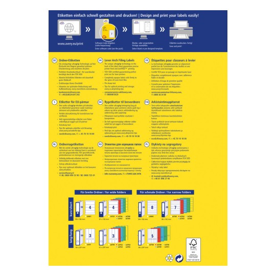 Tento obrázek je instruktážním průvodcem pro navrhování a tisk etiket od společnosti Avery. Obsahuje informace v několika jazycích o různých produktech etiket, jejich vlastnostech a tipy pro optimální využití. Jsou zde příklady formátů etiket pro široké a úzké složky včetně rozměrů.