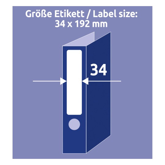 Obrázek zobrazuje grafiku ukazující velikost štítku o rozměrech 34 x 192 mm, navrženou pro šanon nebo podobný předmět.