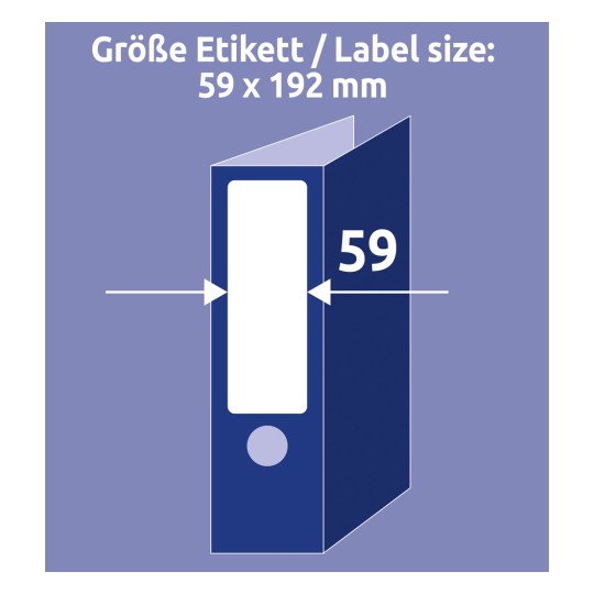 Obrázek zobrazuje štítek o velikosti 59 x 192 mm s vizuálním zobrazením složky nebo pořadače, na kterém je ukázáno, kam by byl štítek umístěn, včetně vyznačených rozměrů.