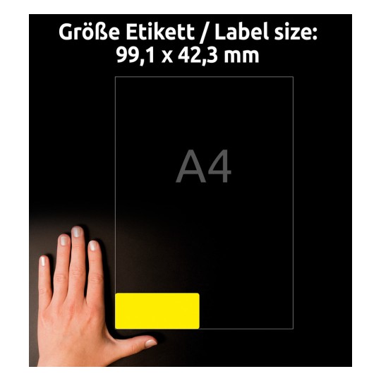 Obrázek zobrazuje etiketu o rozměrech 99,1 x 42,3 mm vedle papíru formátu A4, s rukou ukazující umístění etikety.