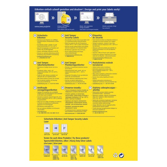 Obrázek obsahuje informace o bezpečnostních štítcích proti neoprávněnému zásahu, včetně specifikací produktu, jazyků, pokynů k aplikaci a různých kontaktních údajů pro Avery.
