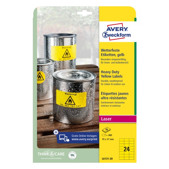 Obrázek balení: Avery Zweckform odolné fóliové štítky pro laserové tiskárny, artikl: L6131-20, formát: 70 x 37 mm, vhodné pro tiskárny: laser černobíle, obsah: 480 štítků / 20 listů, 24 štítků/arch?