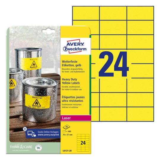 Obrázek balení s listem etiket: Avery Zweckform Povoděodolné fóliové etikety, Článek: L6131-20, Formát: 70 x 37 mm, Vhodnost k tisku: Laser černobílý, Obsah: 480 etiket / 20 listů, 24 etiket/list?