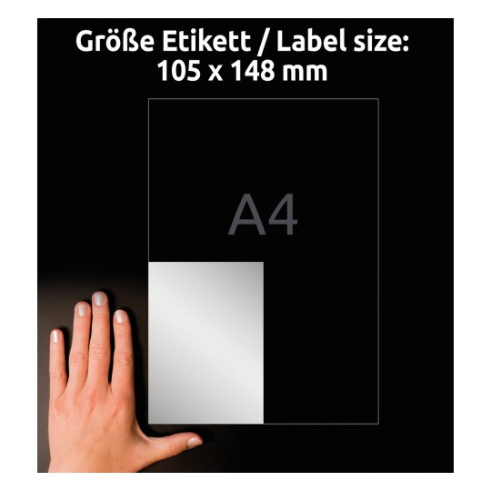 Porovnání velikosti s rukou, Článek: L6134-20, arch etiket s typovým štítkem, formát: 105 x 148 mm, barva: stříbrná?