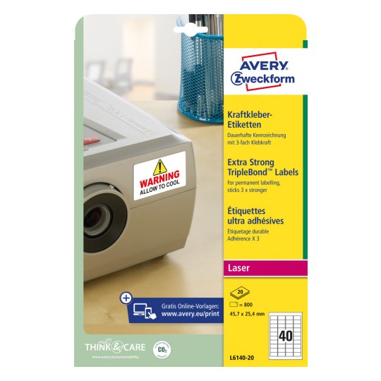 Obrázek balení: Avery Zweckform Kraftlepidlové etikety, Článek: L6140-20, Formát: 45,7 x 25,4 mm, Vhodné pro tisk: černobílý laser, barevný laser, Obsah: 800 etiket / 20 listů, 40 etiket/list.