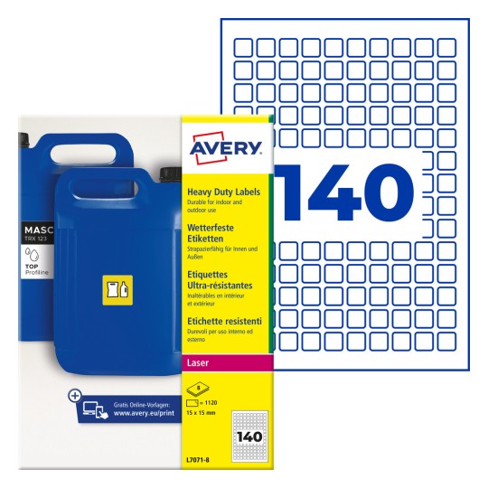Balení štítků Avery pro náročné použití s obrázkem modrého kanystru a mřížkou štítků „140“?