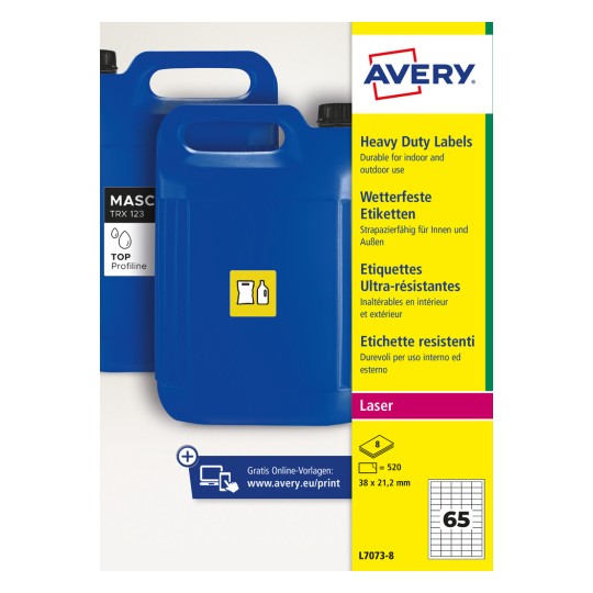Modré plastové kanystry s obalovým designem s odolnými štítky Avery Heavy Duty?