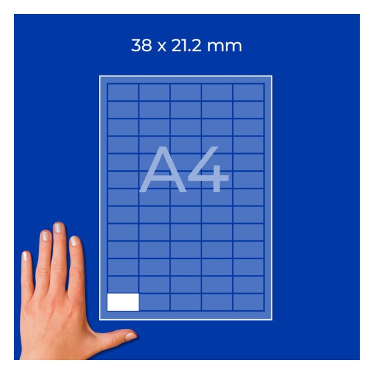 Ruka vedle modrého diagramu mřížky formátu A4 s označením 38 × 21,2 mm?
