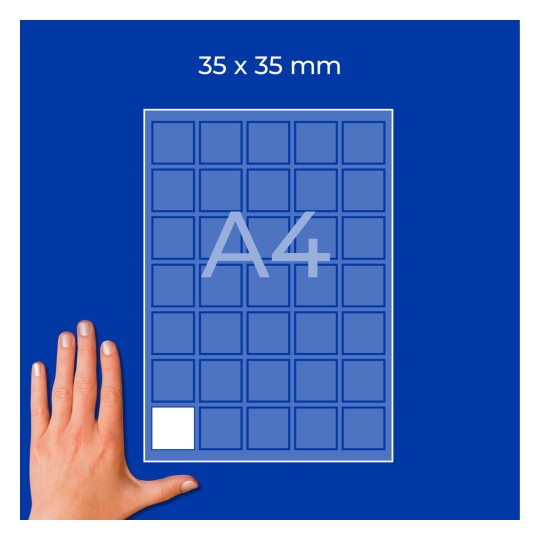 Mřížka na listu A4 ze čtverců o rozměrech 35×35 mm s jedním bílým čtvercem a rukou vlevo dole?