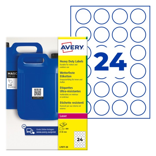 Balení odolných kulatých štítků Avery Heavy Duty zobrazující modré dózy a arch s 24 kruhovými štítky?