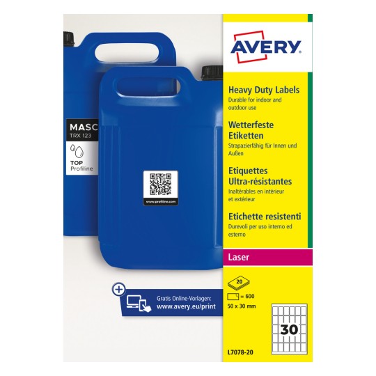 Modré plastové kanystry s QR štítkem a obalový design s odolnými štítky Avery Heavy Duty?