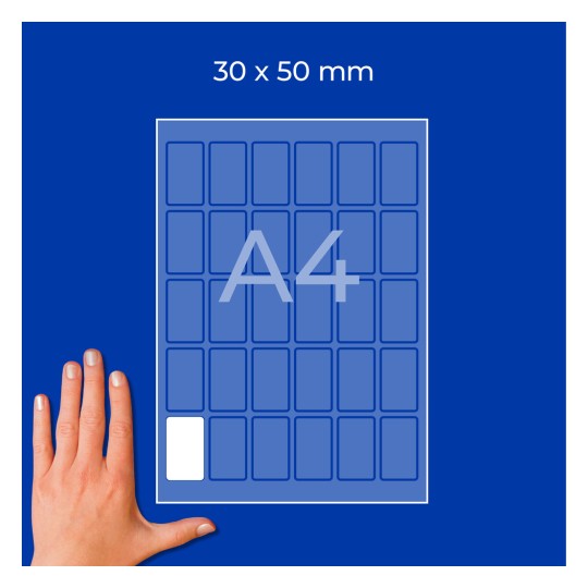 Ruka vedle schématu listu A4 označeného 30 × 50 mm s malými obdélníkovými políčky?