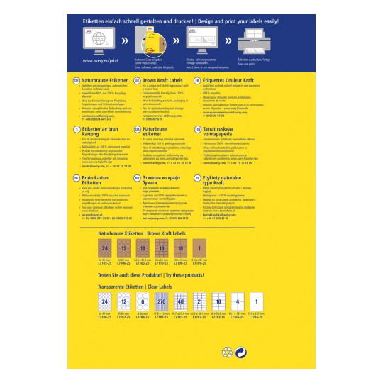 Obrázek zobrazuje různé štítky nabízené společností Avery, s důrazem na štítky Brown Kraft a jejich specifikace. Obsahuje podrobnosti o materiálech, tipy pro tisk a kontakty na zákaznický servis v několika jazycích.