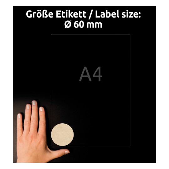 Obrázek ukazuje ruku vedle kruhu označeného 'Ø 60 mm' a obrys formátu A4, s německým textem označujícím velikost štítku.