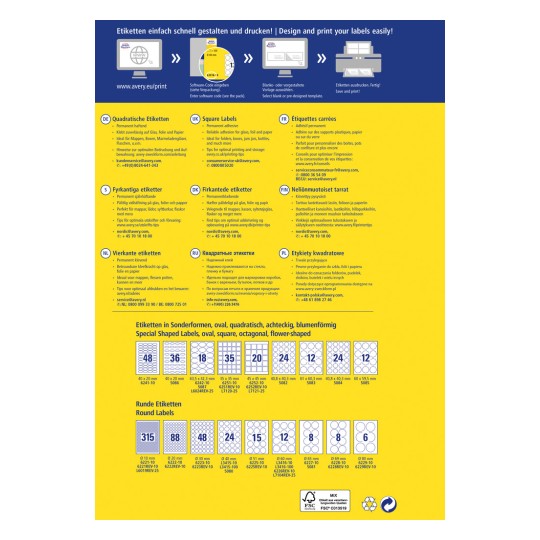 Tento obrázek obsahuje katalog návrhů etiket a možností tisku od Avery, včetně čtvercových, obdélníkových, oválných, kulatých a speciálně tvarovaných etiket, s vícejazyčnými popisy a tipy pro tisk.