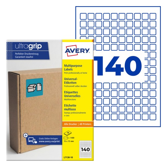 Víceúčelové balení štítků Avery Ultragrip zobrazující 140 malých čtvercových štítků a kartonovou krabici?