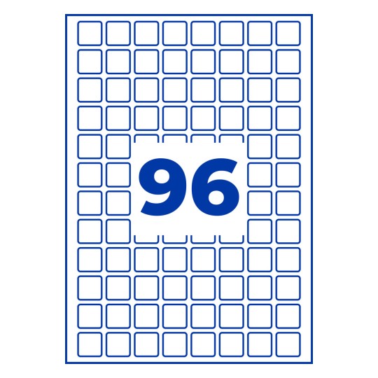 Velké modré číslo 96 uprostřed bílé mřížky se zaoblenými čtverci?